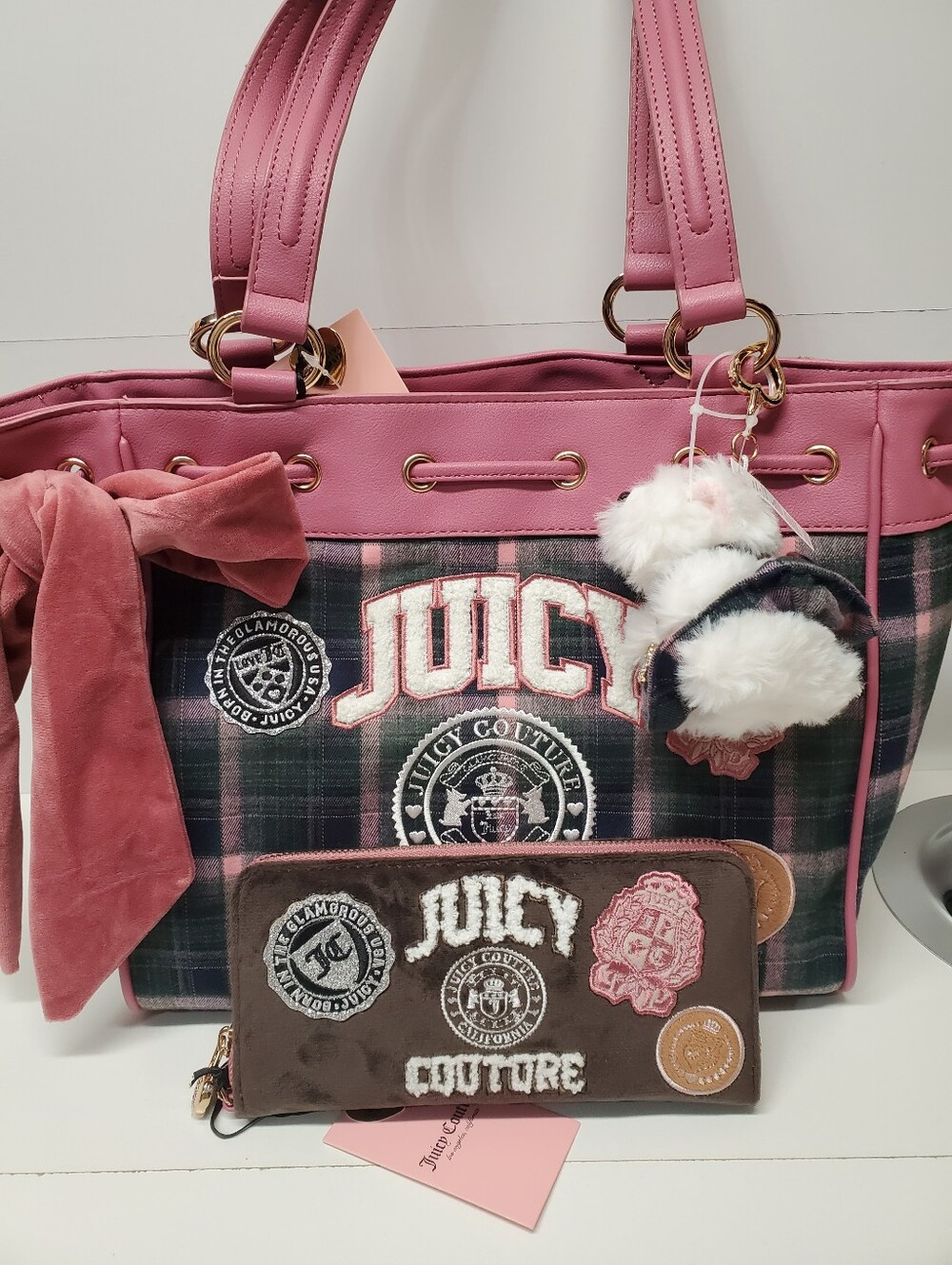Juicy Couture Daydreamer Varsity Green/ Pink Plaid Tote with Wallet